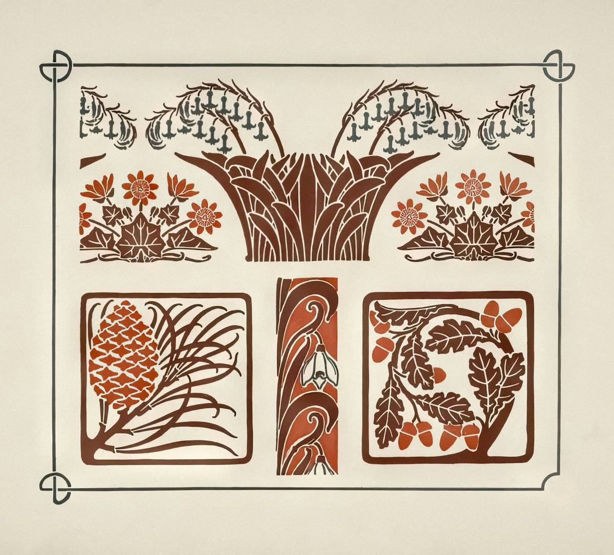 The Miriam and Ira D. Wallach Division of Art, Prints and Photographs: Art & Architecture Collection, The New York Public Library. "Abstract design based on flowers and pinecones." The New York Public Library Digital Collections. 1900. https://digitalcollections.nypl.org/items/510d47e2-adcd-a3d9-e040-e00a18064a99