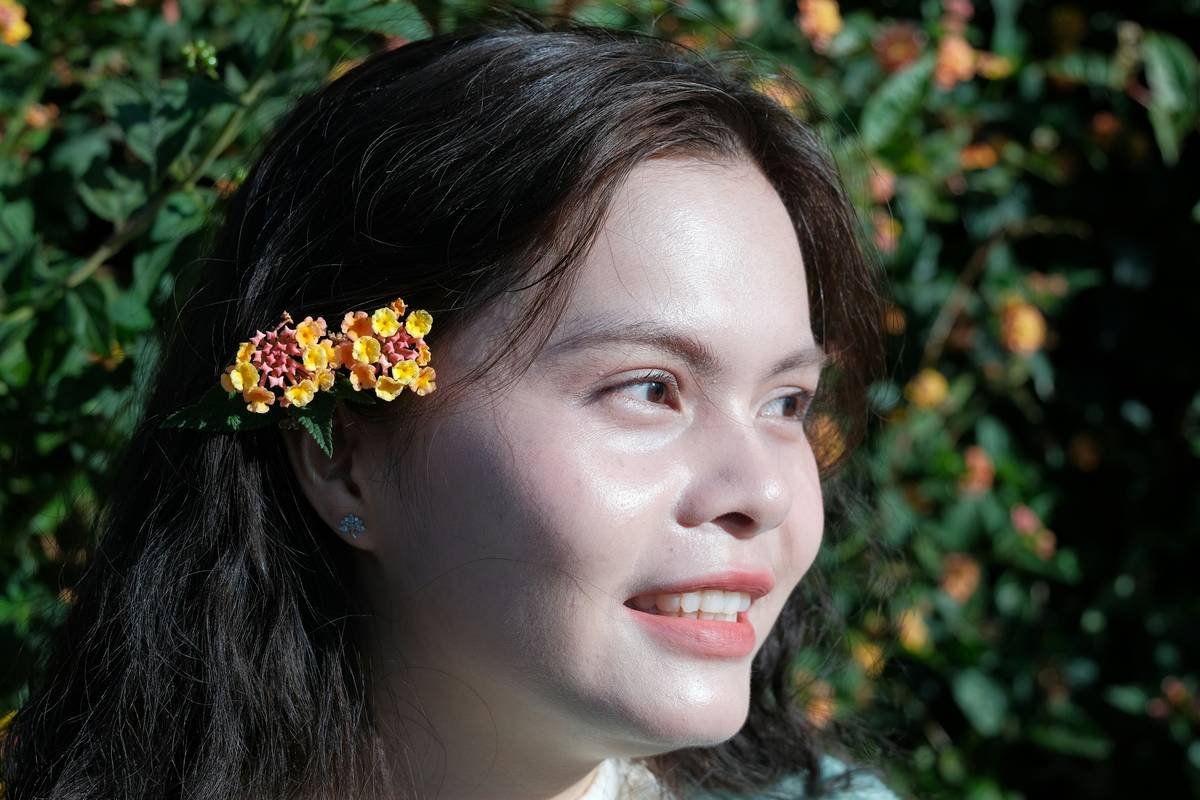 Side-by-side styling examples using floral hair clips for different hair types and occasions